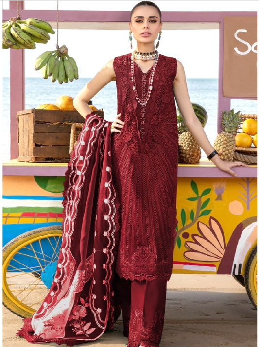IU Collection IU-S-009-Embroidered Chicken Kari Boring 3Pc Lawn Crimson